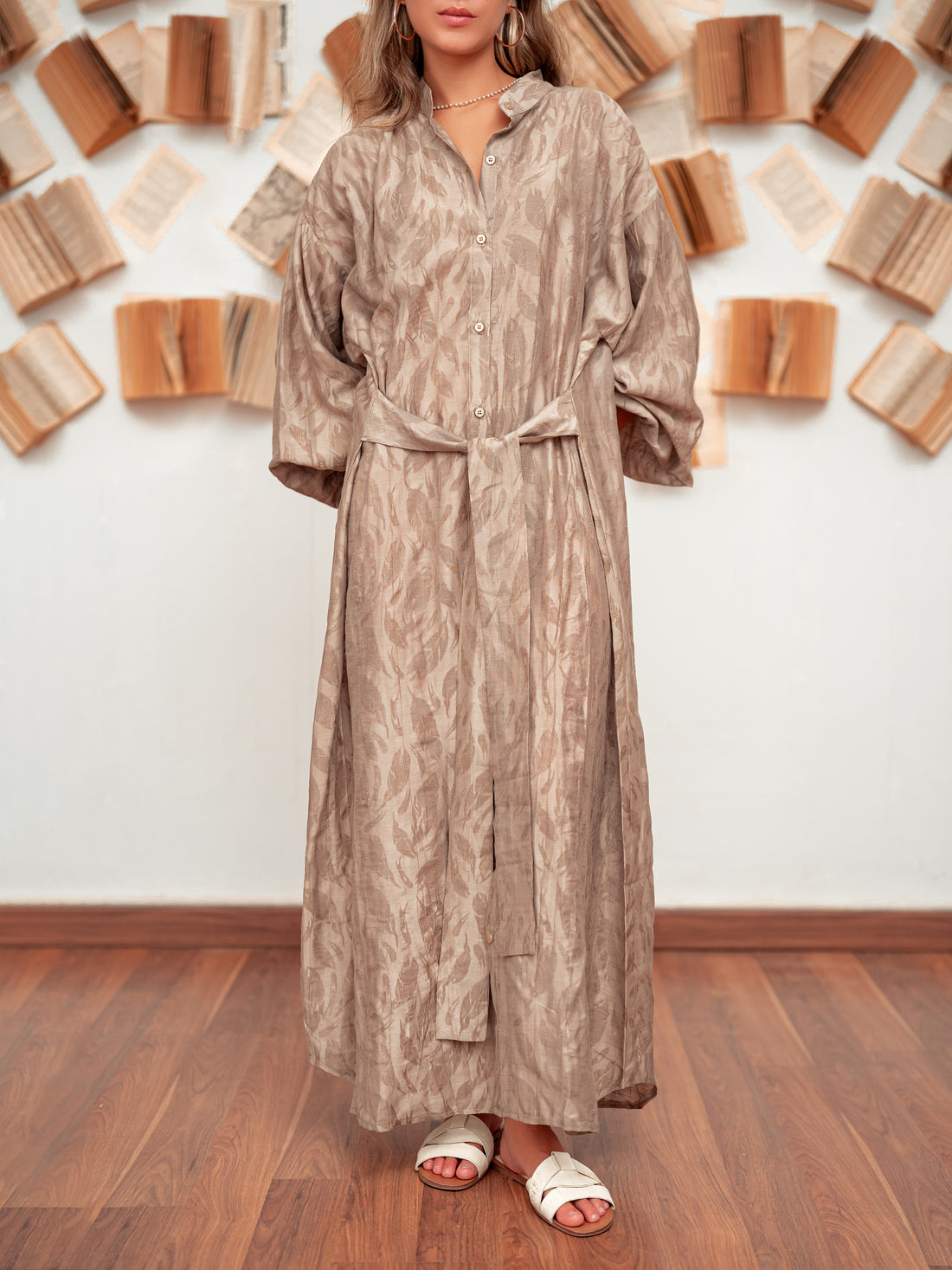 Belted Shirt Dress-Beige