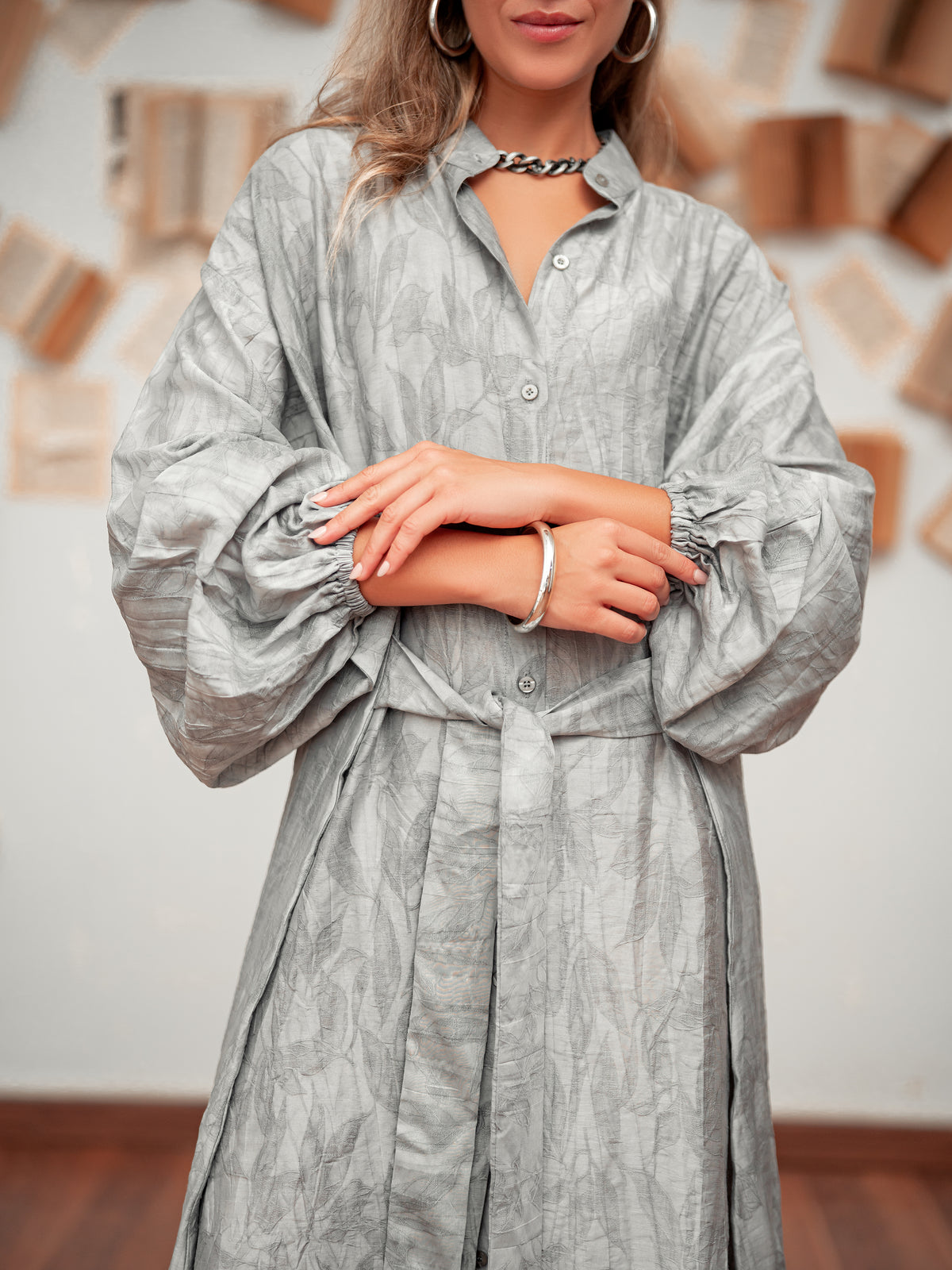 grey shirt dress Hannes Roether Blue Cotton A Line at Baby & Company Handwoven cotton makes this piece an all Linen Shirt-Dress - Light Grey