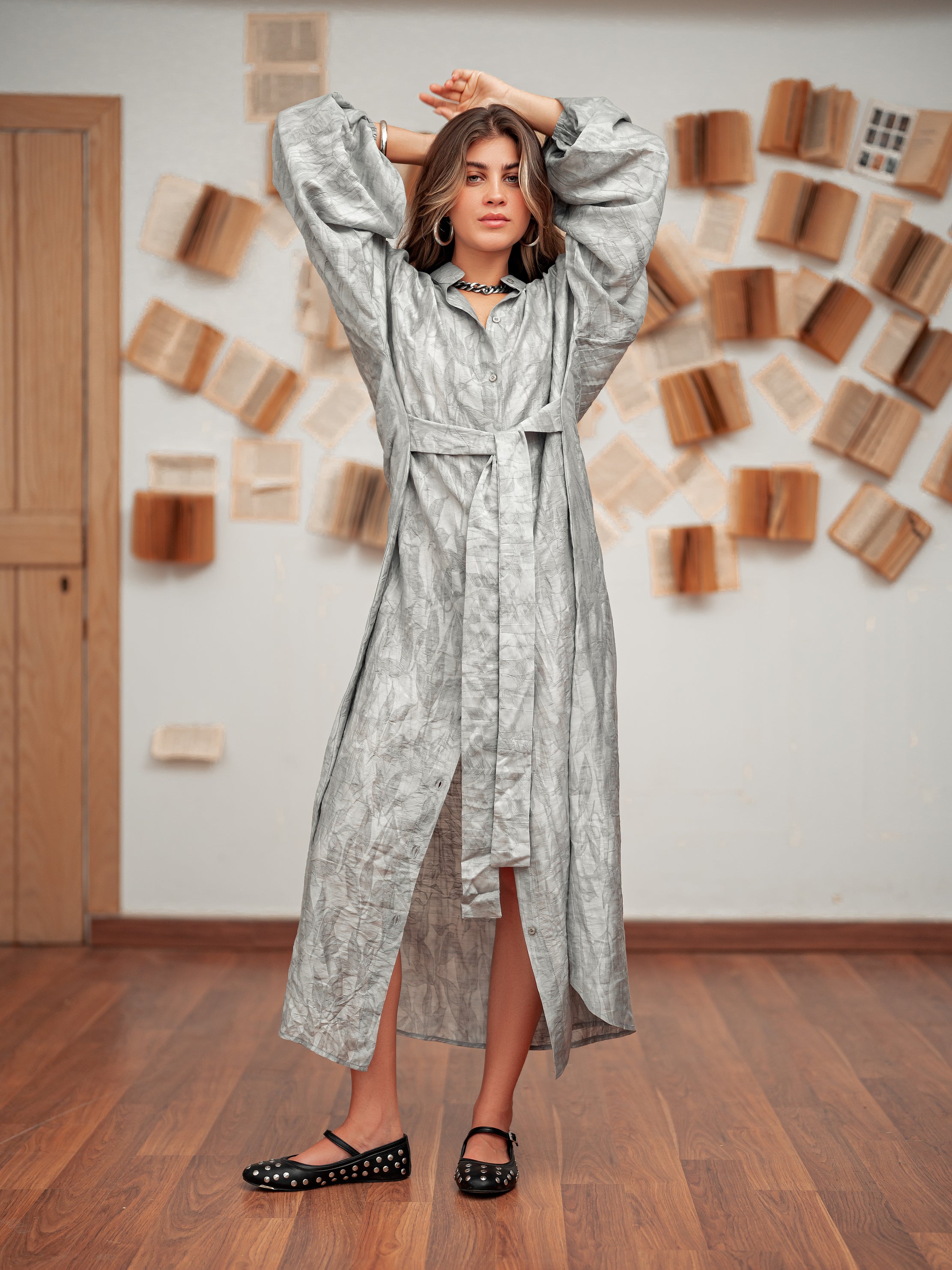 Belted Shirt Dress- Grey