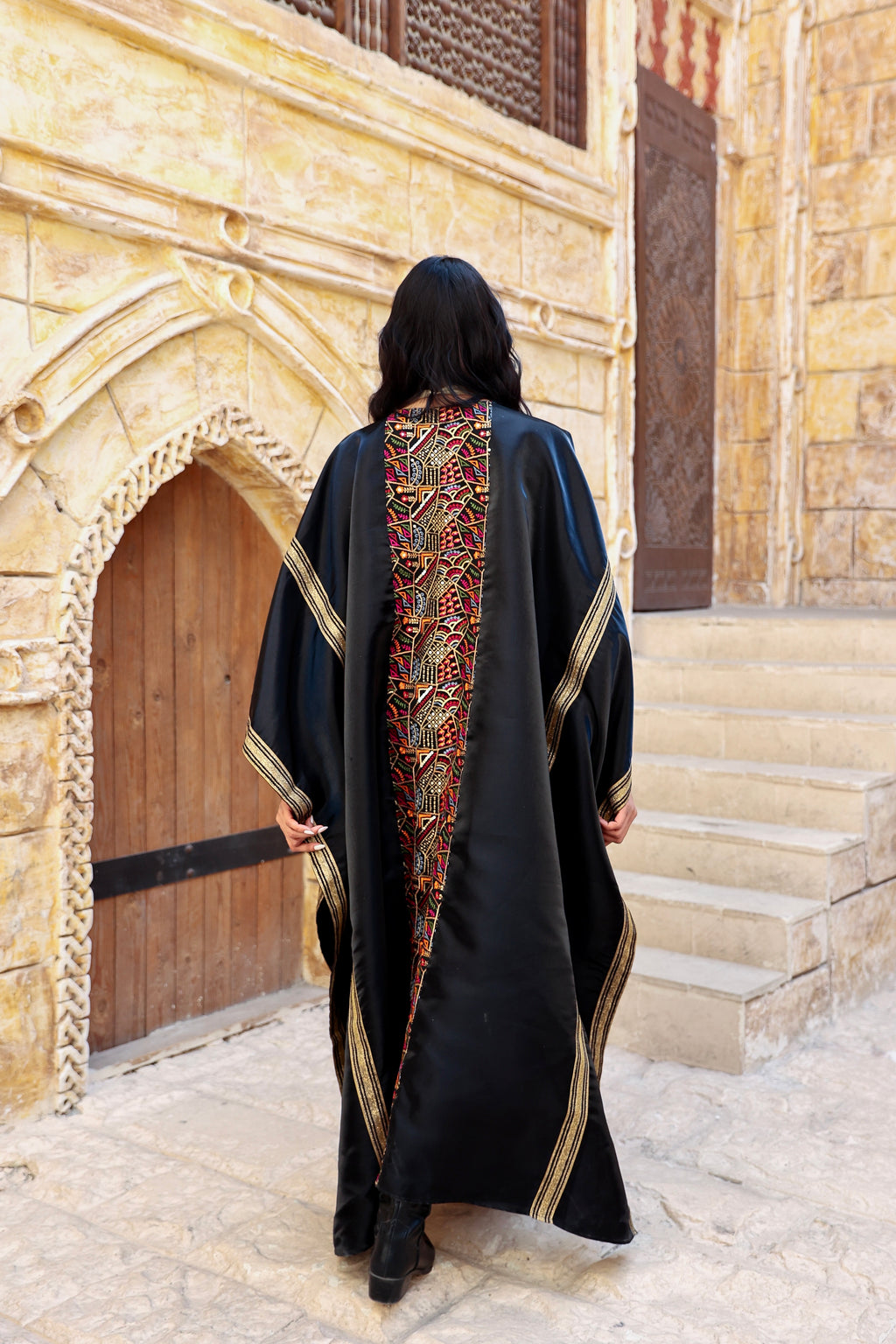Taj- Black Satin Detailed Kaftan