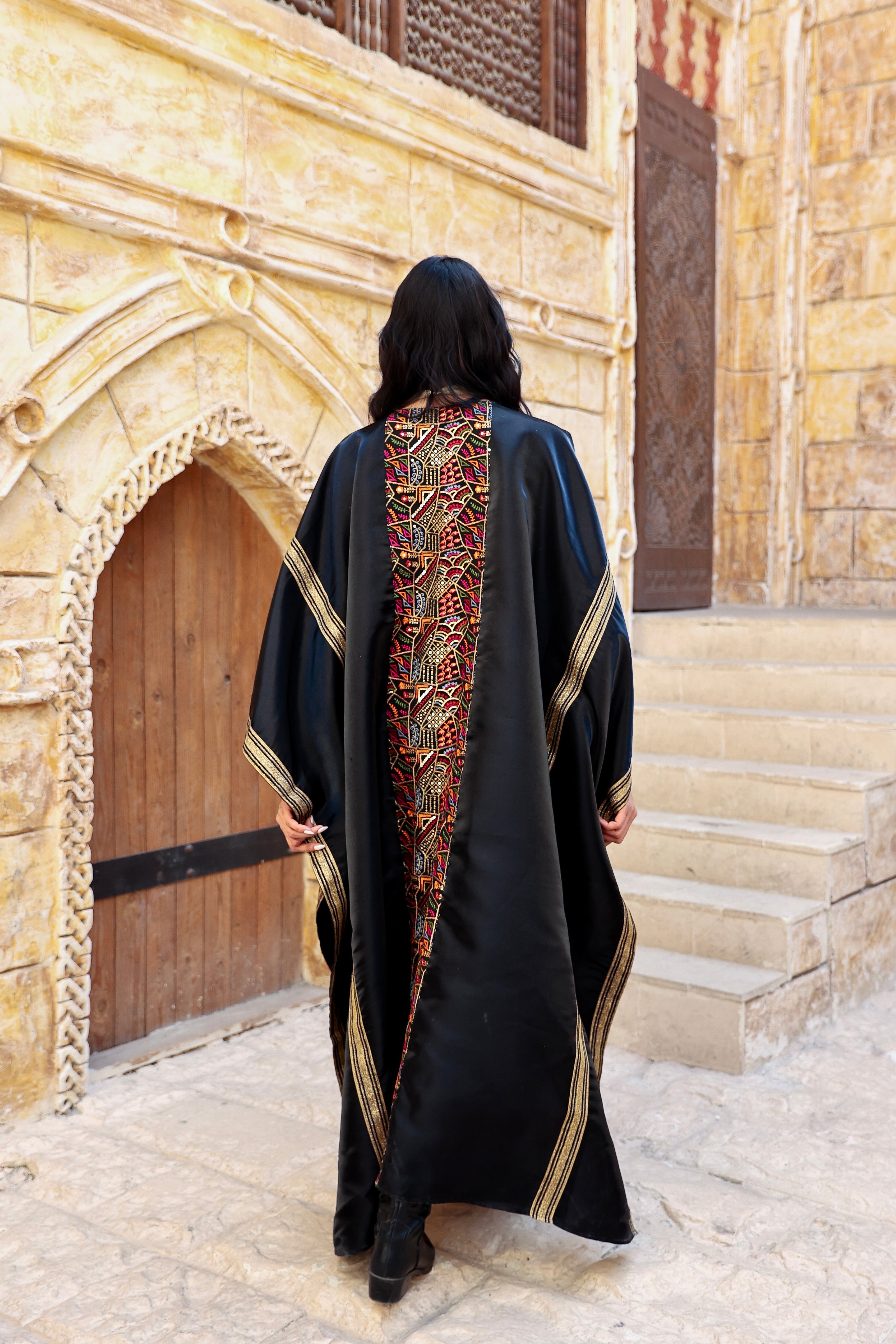 Taj- Black Satin Detailed Kaftan