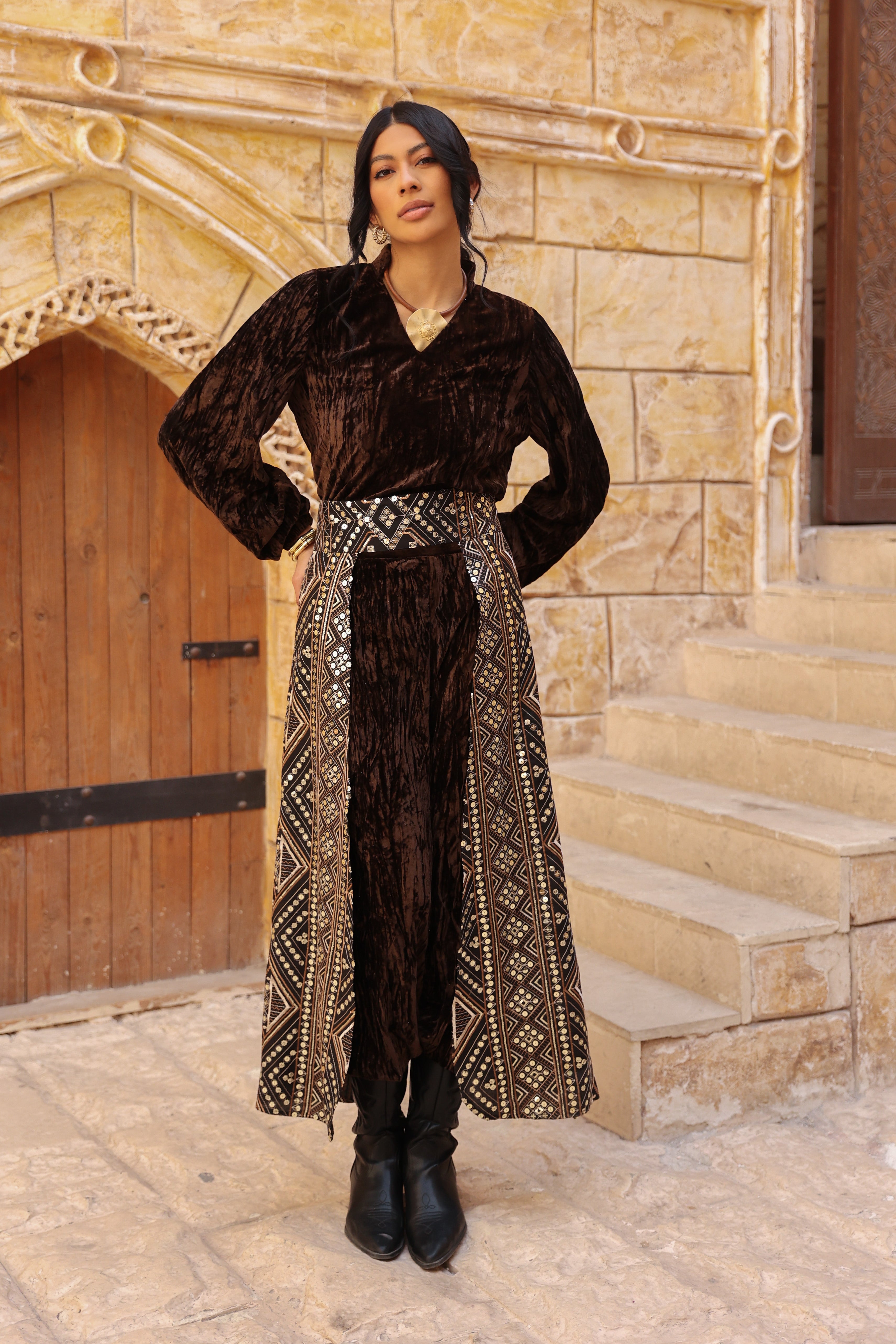 Hekaya- Brown set with Embellished Long Belt