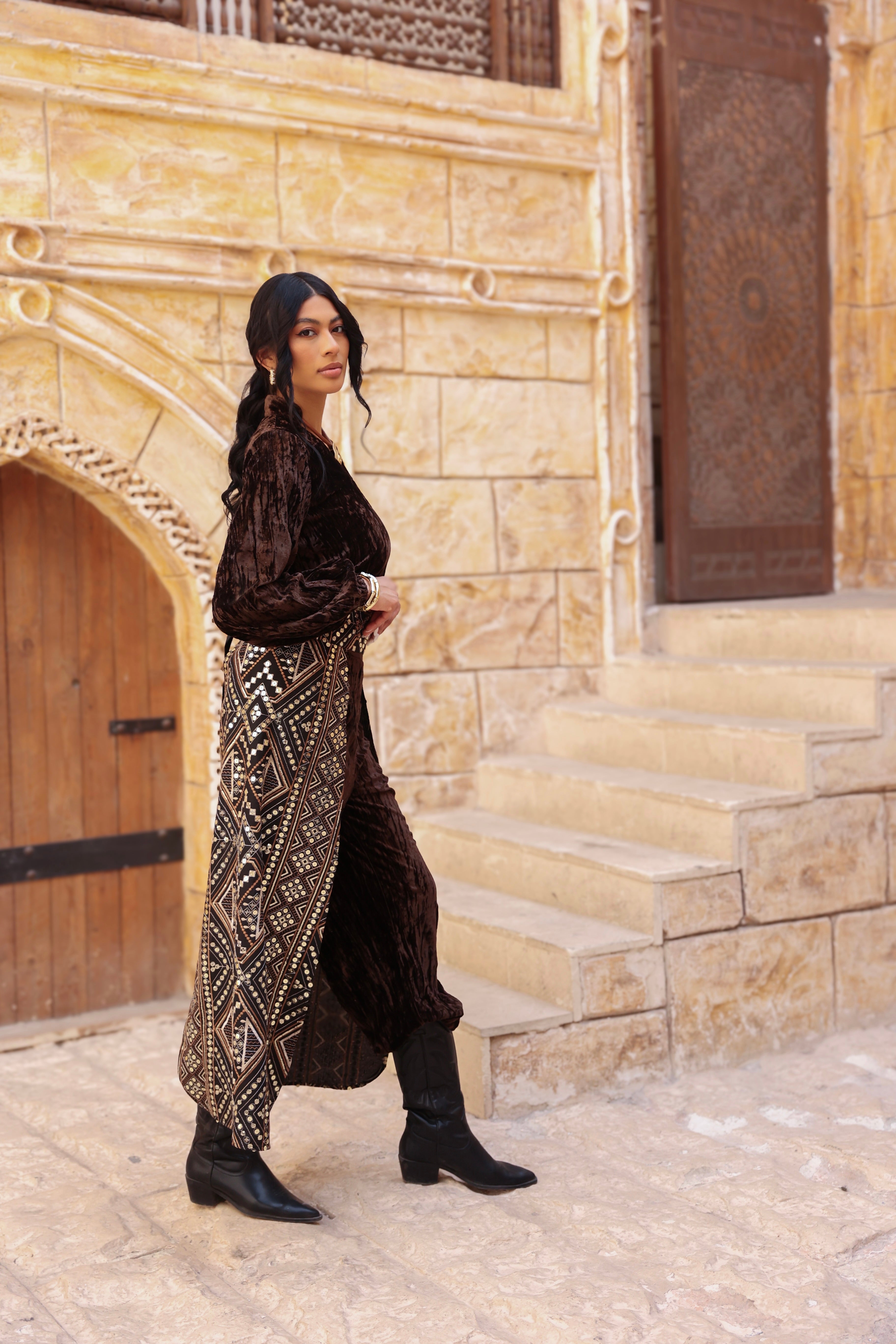 Hekaya- Brown set with Embellished Long Belt