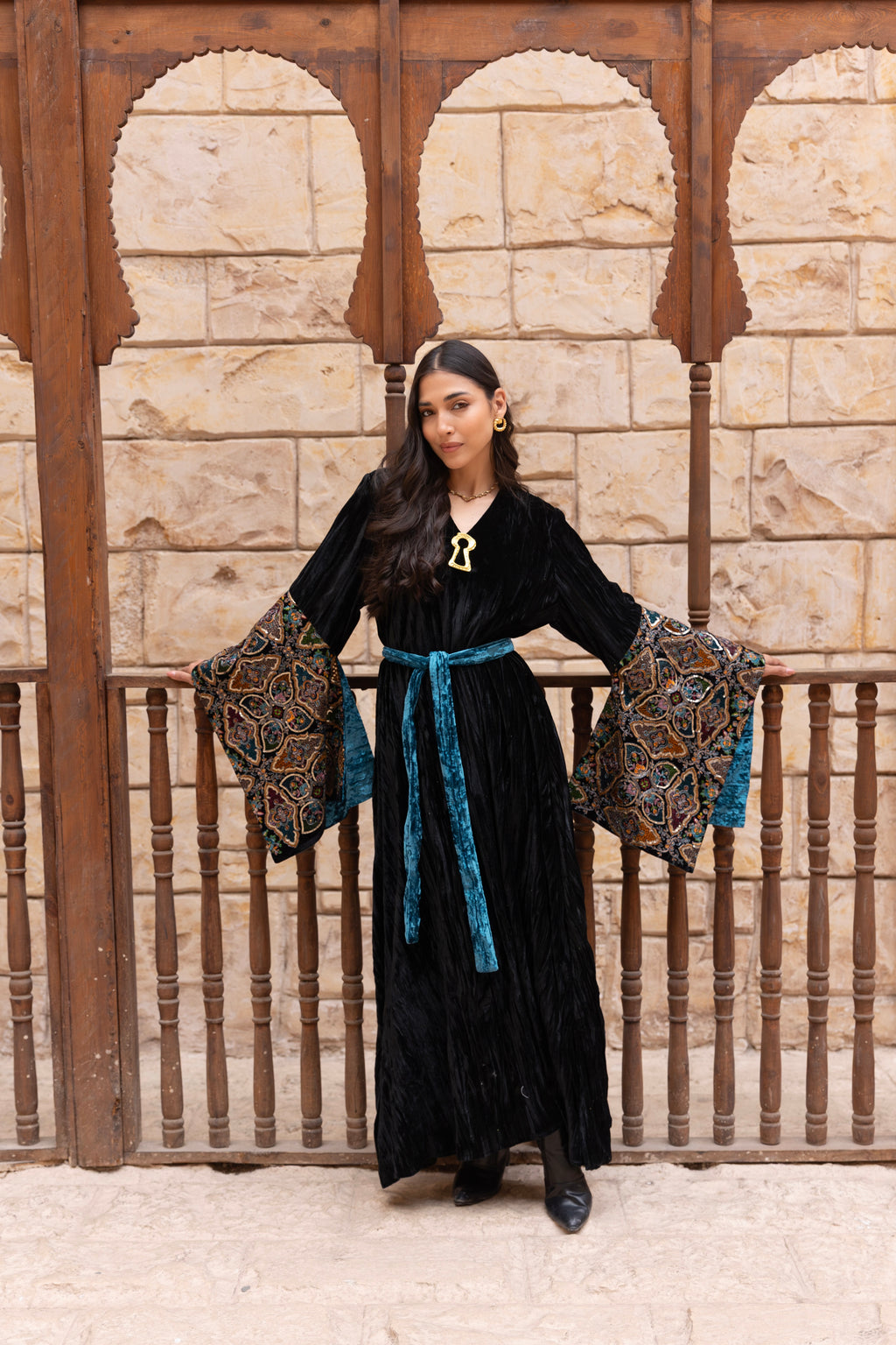 Misk-Black Colorful Velvet Dress