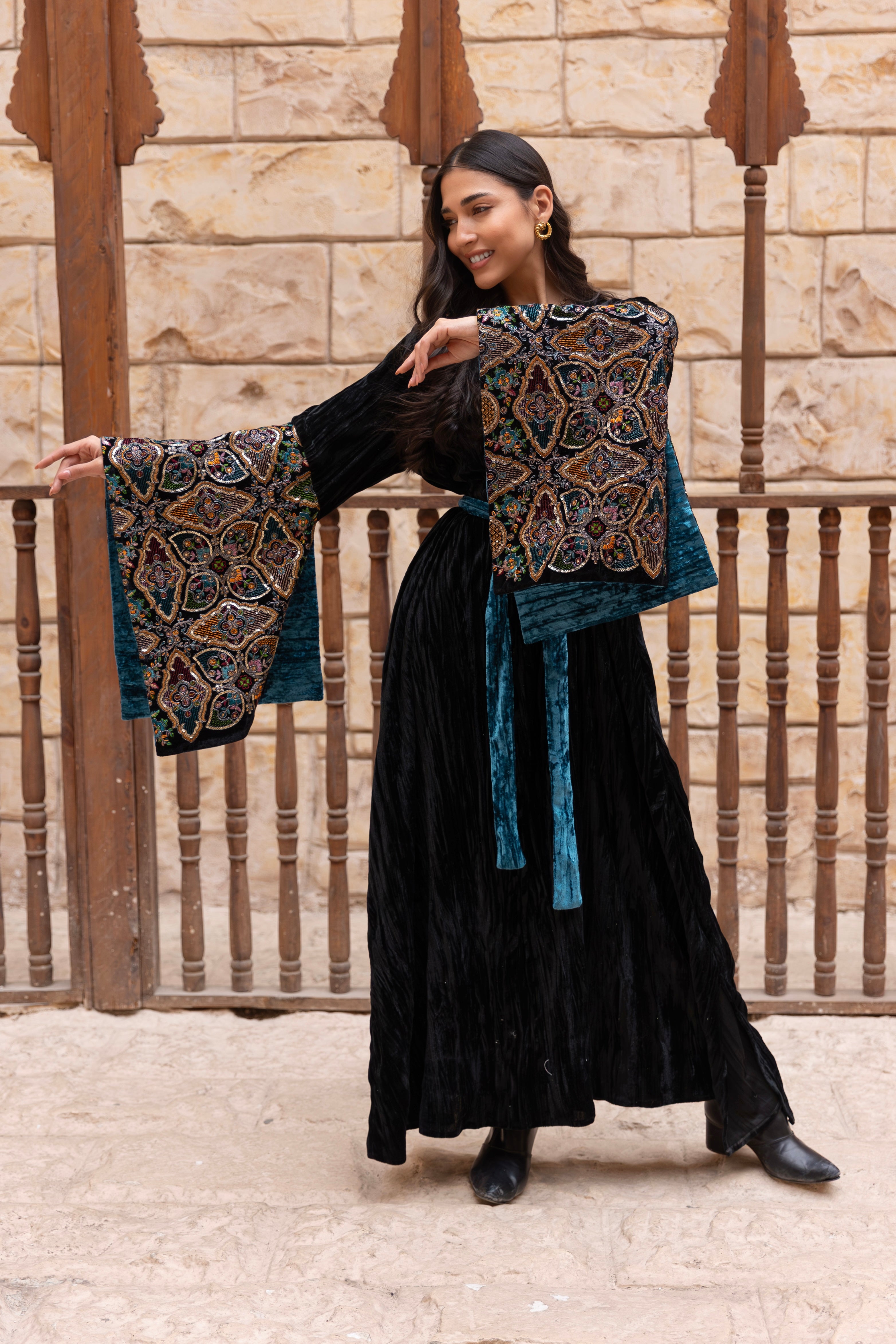 Misk-Black Colorful Velvet Dress