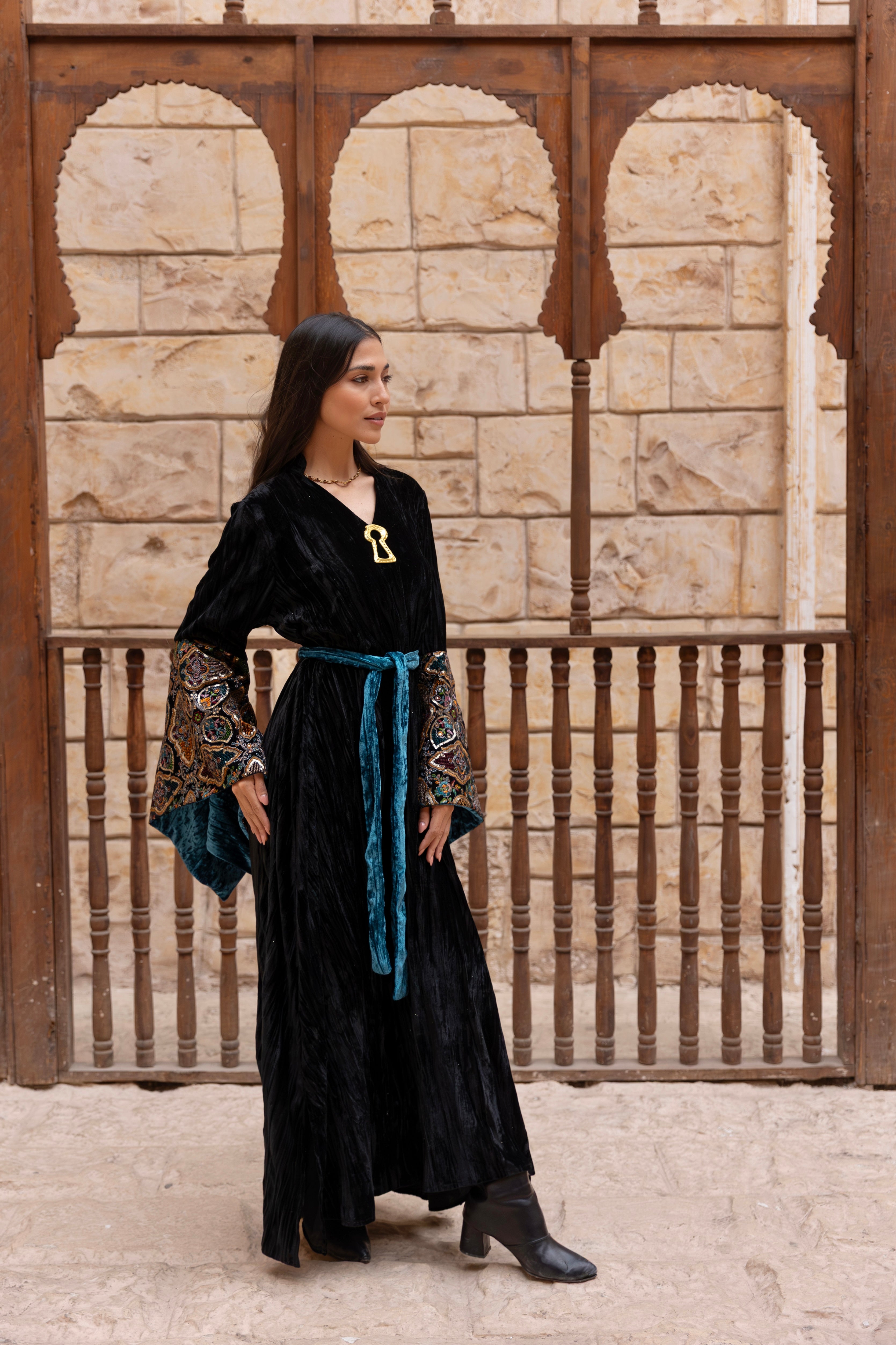 Misk-Black Colorful Velvet Dress