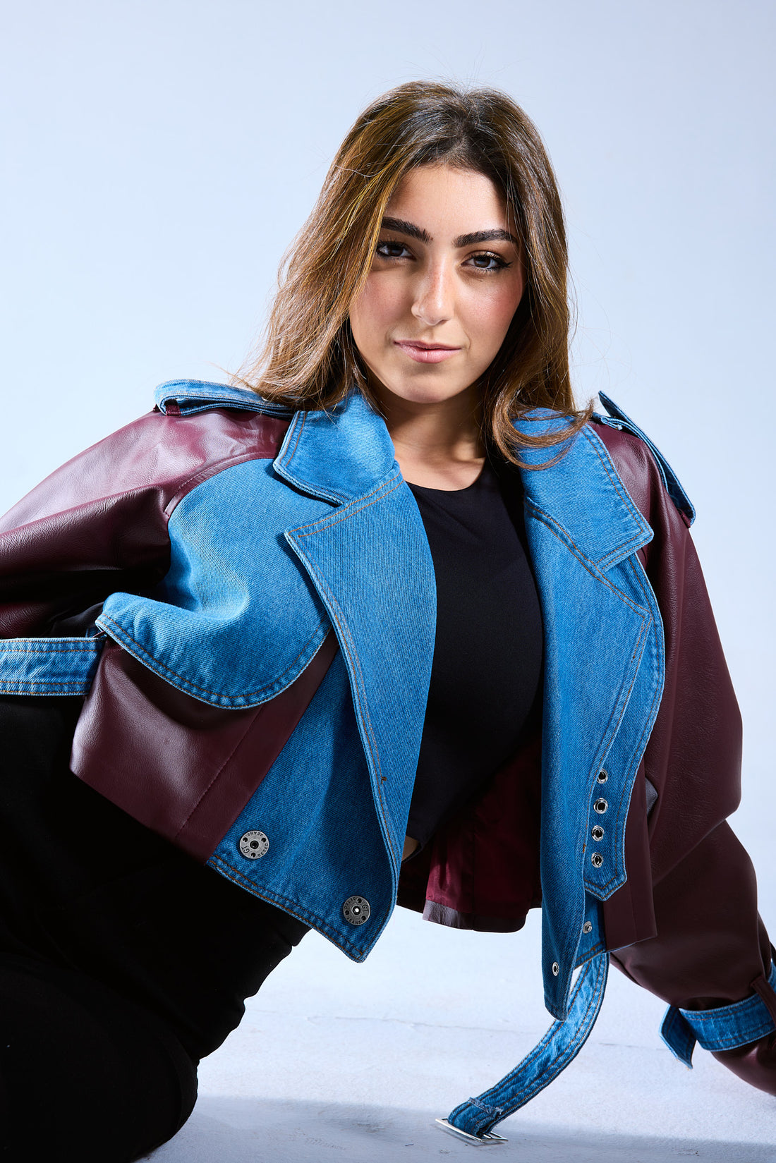 Leather Jeans Combo Jacket - Burgundy