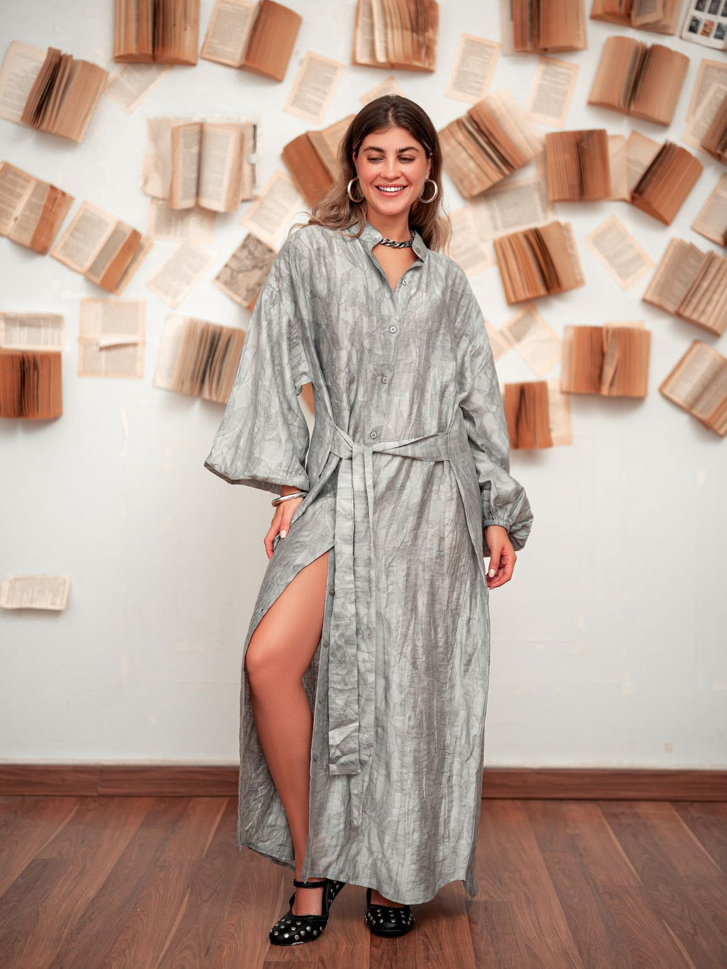 Belted Shirt Dress- Grey