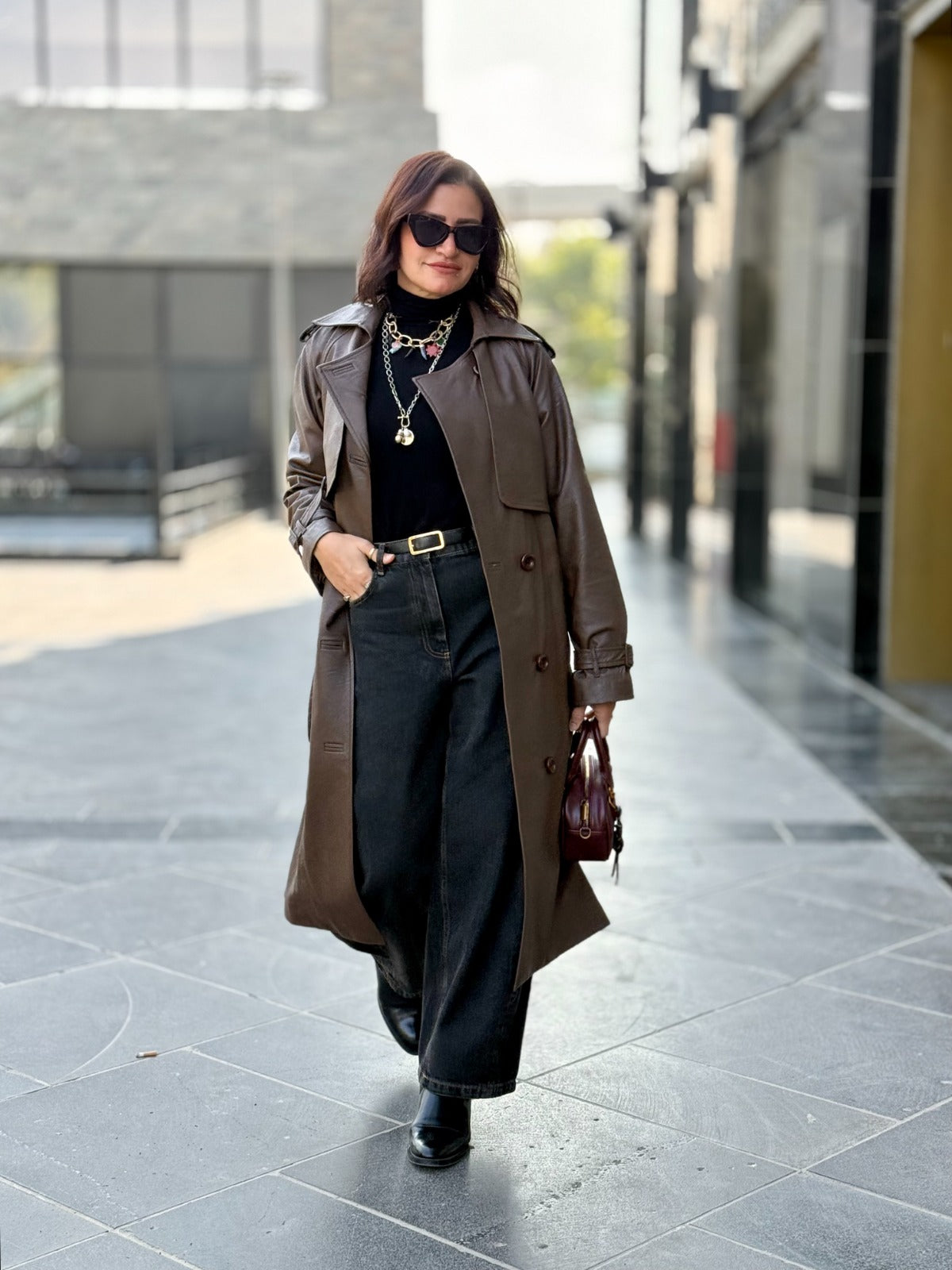 Leather Trench Coat- Brown