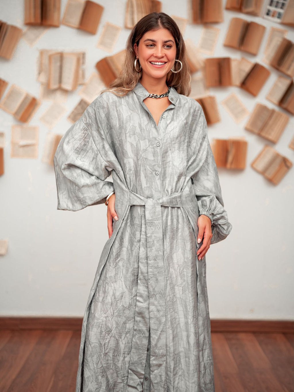 Belted Shirt Dress- Grey