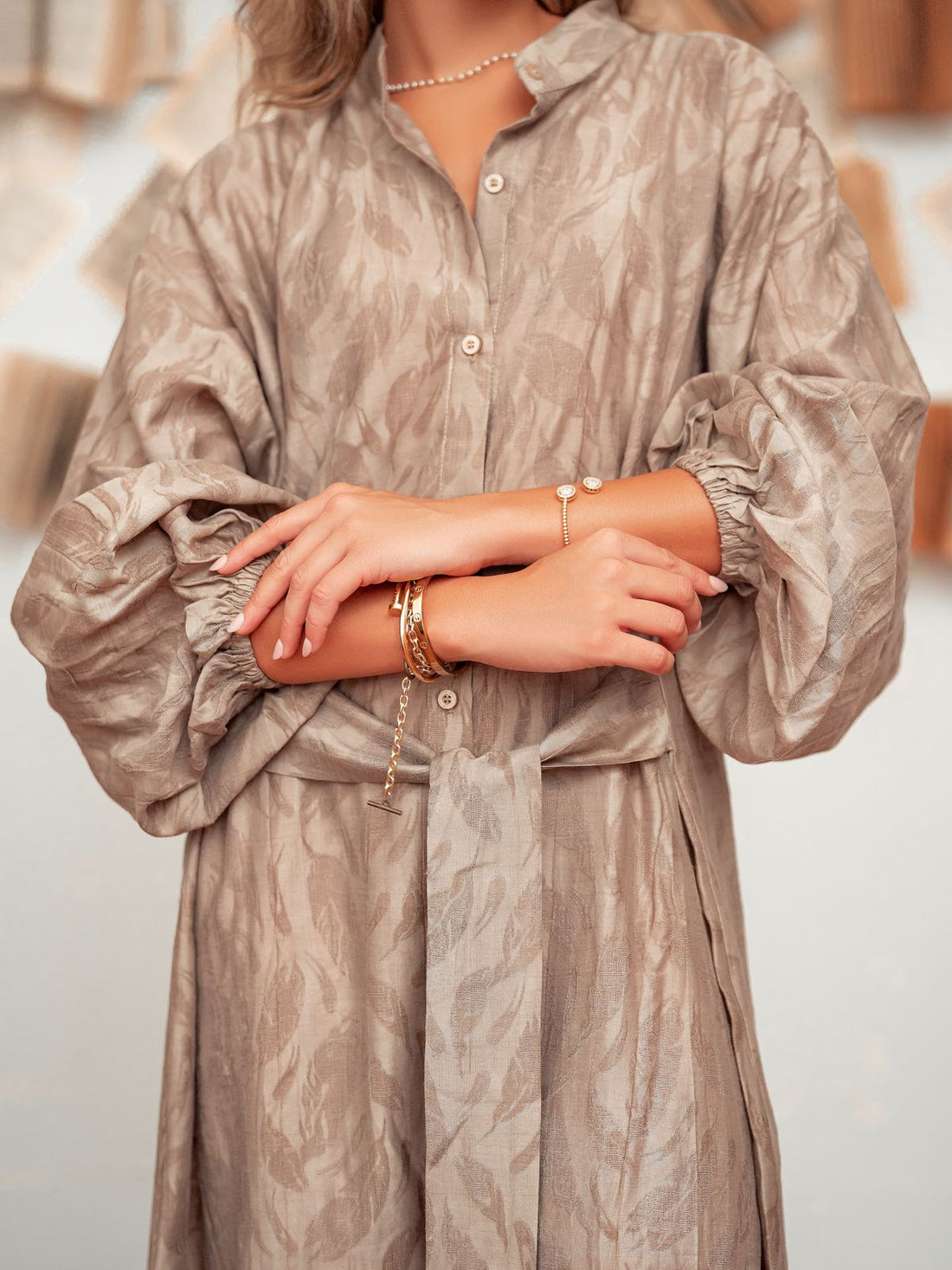 Belted Shirt Dress-Beige