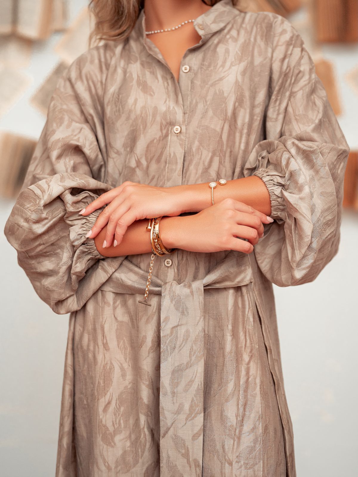 Belted Shirt Dress-Baige