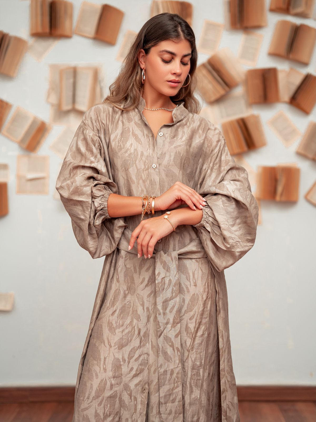 Belted Shirt Dress-Baige
