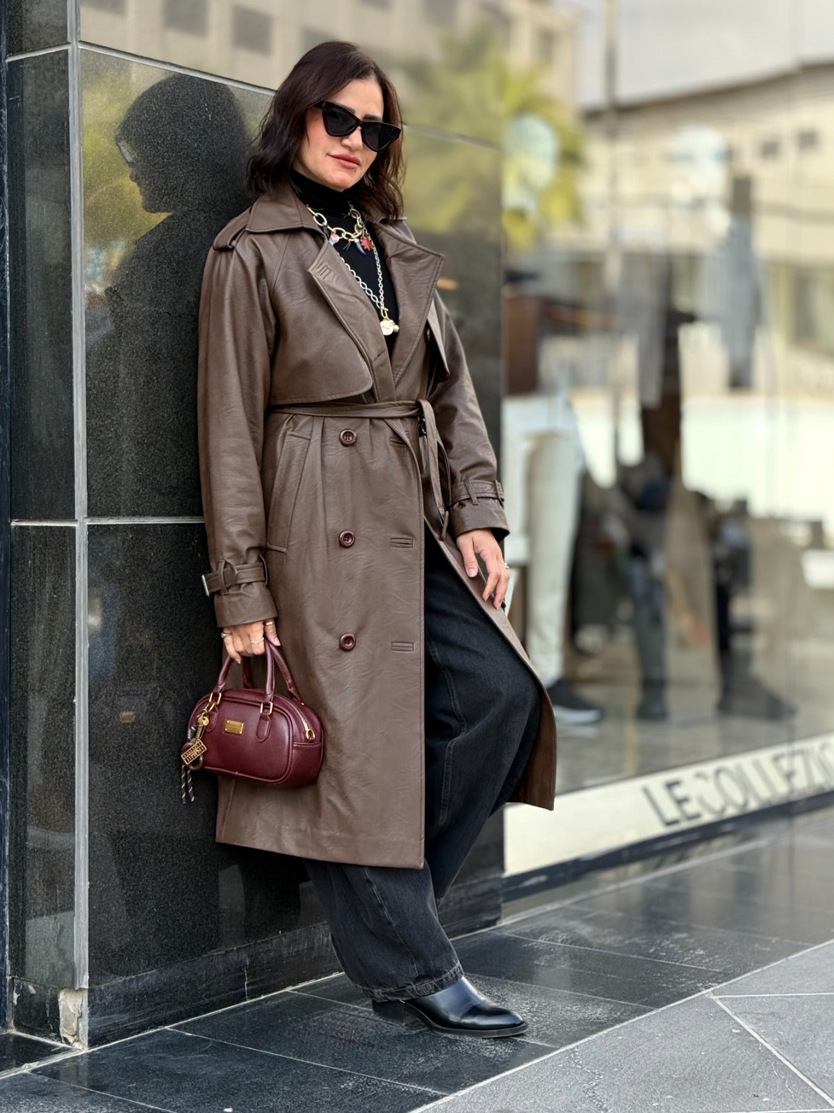 Leather Trench Coat- Brown