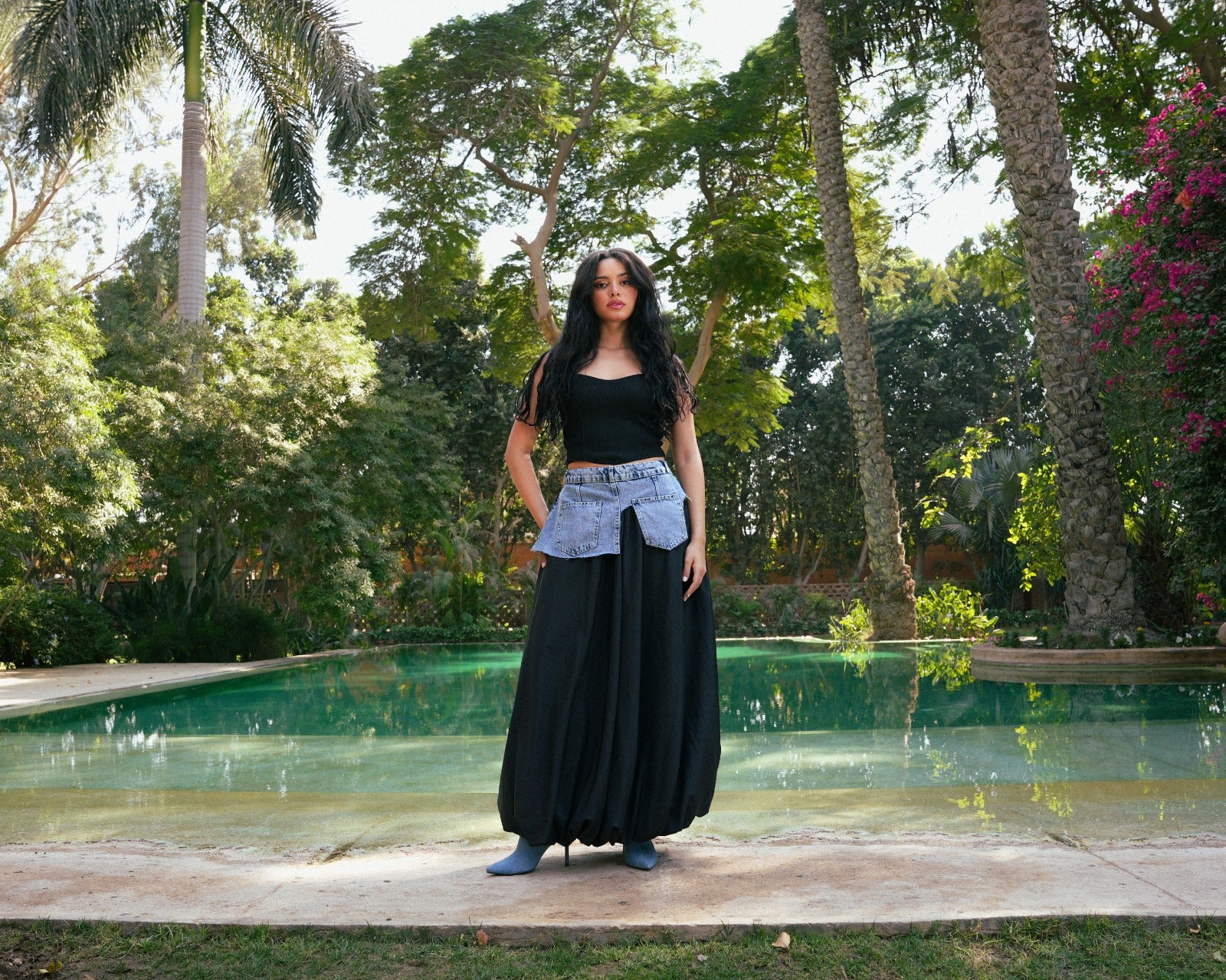 Denim Belted Long Skirt -Black