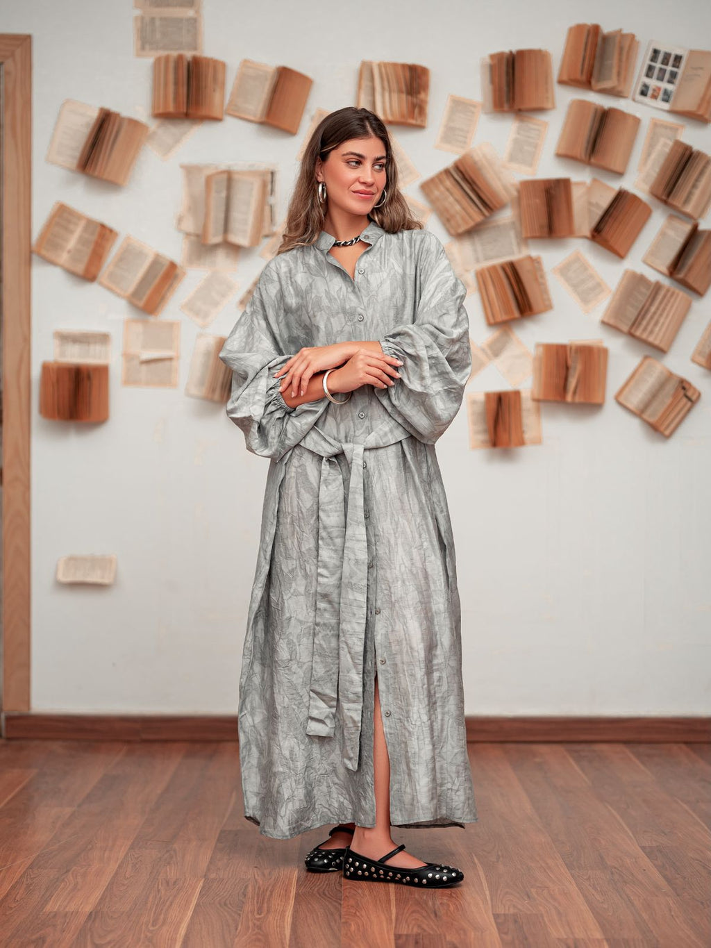 Belted Shirt Dress- Grey