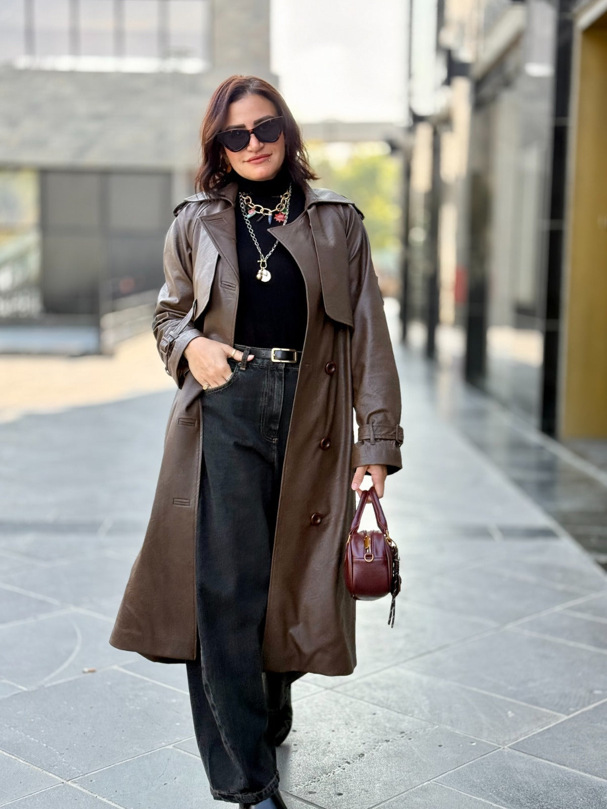 Leather Trench Coat- Brown