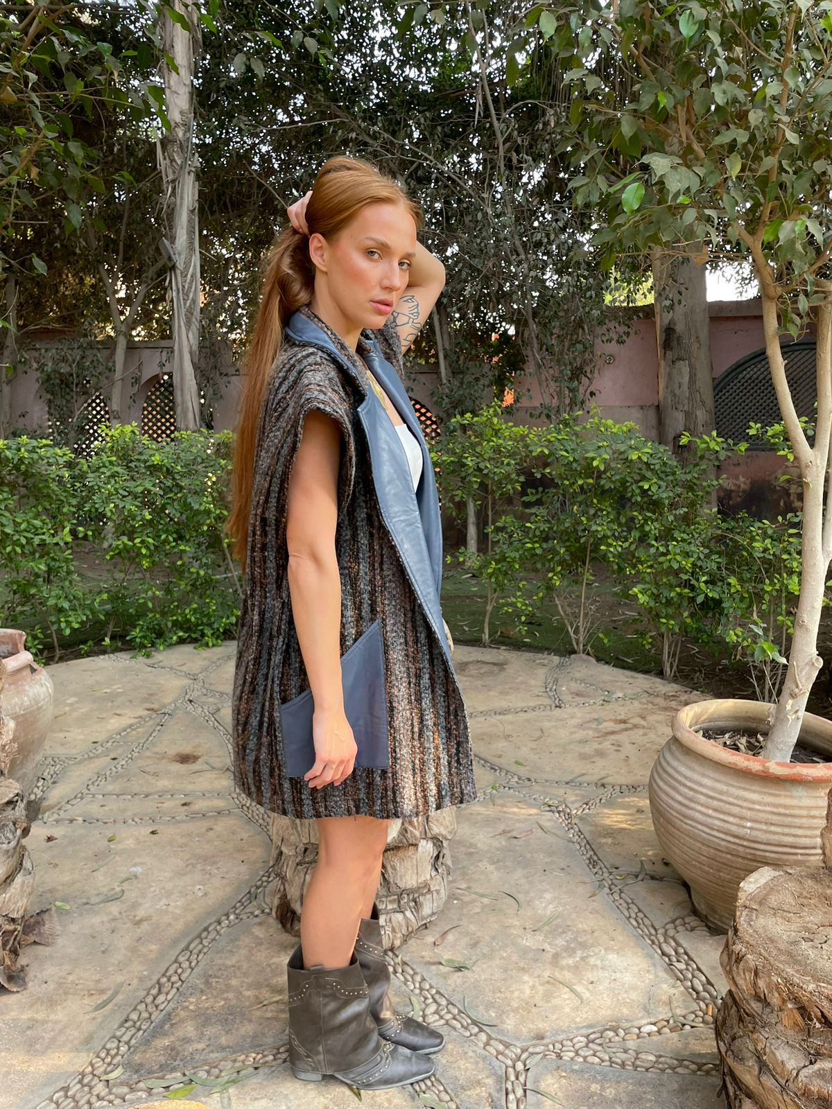 Leather-Trim Wool Vest